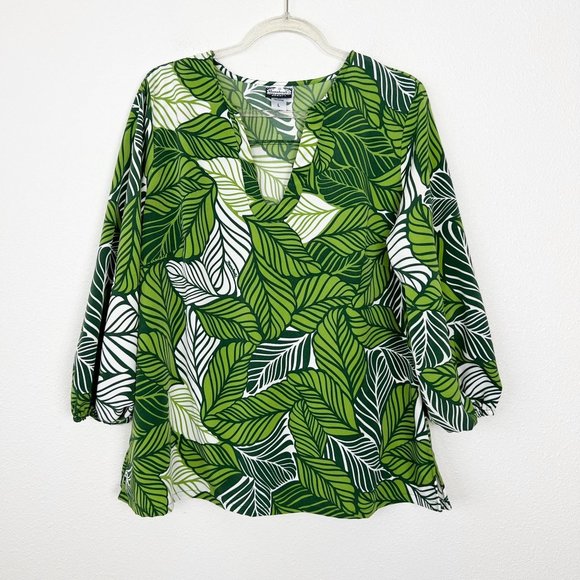 Manuhealii Tops - Manuhealii Hawaii Green Leaf Print Split Neck 3/4 Sleeve Blouse Womens Large